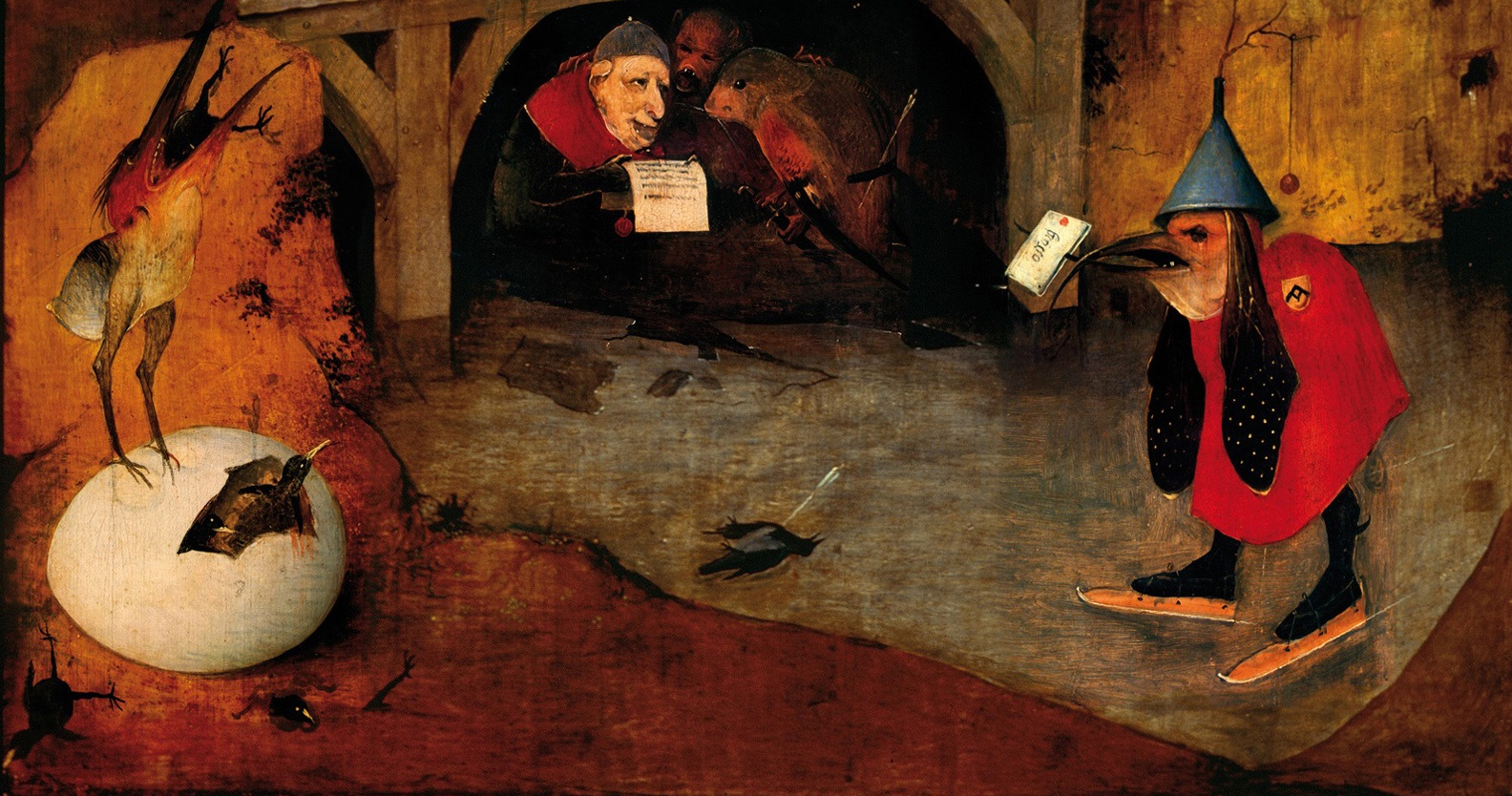 Fragment from Hieronymus Bosch’s The Temptation of Saint Anthony, showing a bird-headed figure on ice skates carrying a letter in its beak.