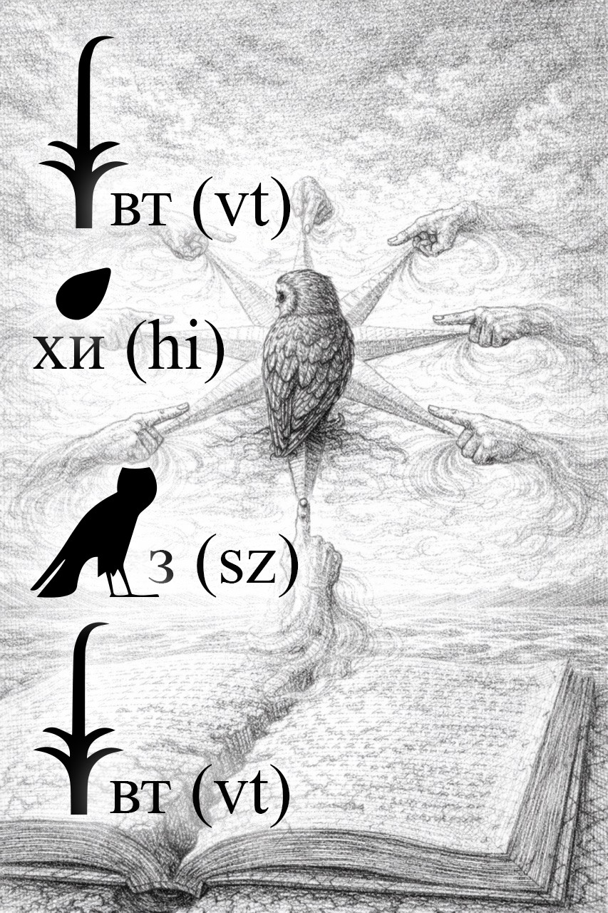 Concept sketch illustrating the symbolic imagery underlying the Russian title Vetkhiy Zavet (“Old Testament”) through the Egyptian hieroglyphs VT, HI, SZ(THE), and VT. This image is not the NFT discussed in the text.