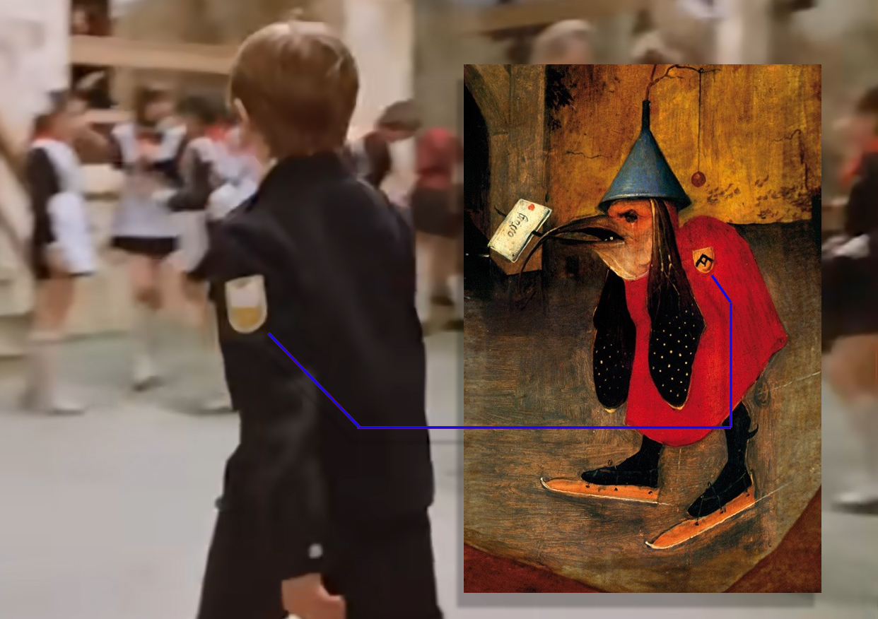 Comparison of the shoulder emblem in Hieronymus Bosch’s The Temptation of Saint Anthony with the emblem worn on the sleeve of a Soviet school uniform in the film The Adventures of Elektronik.