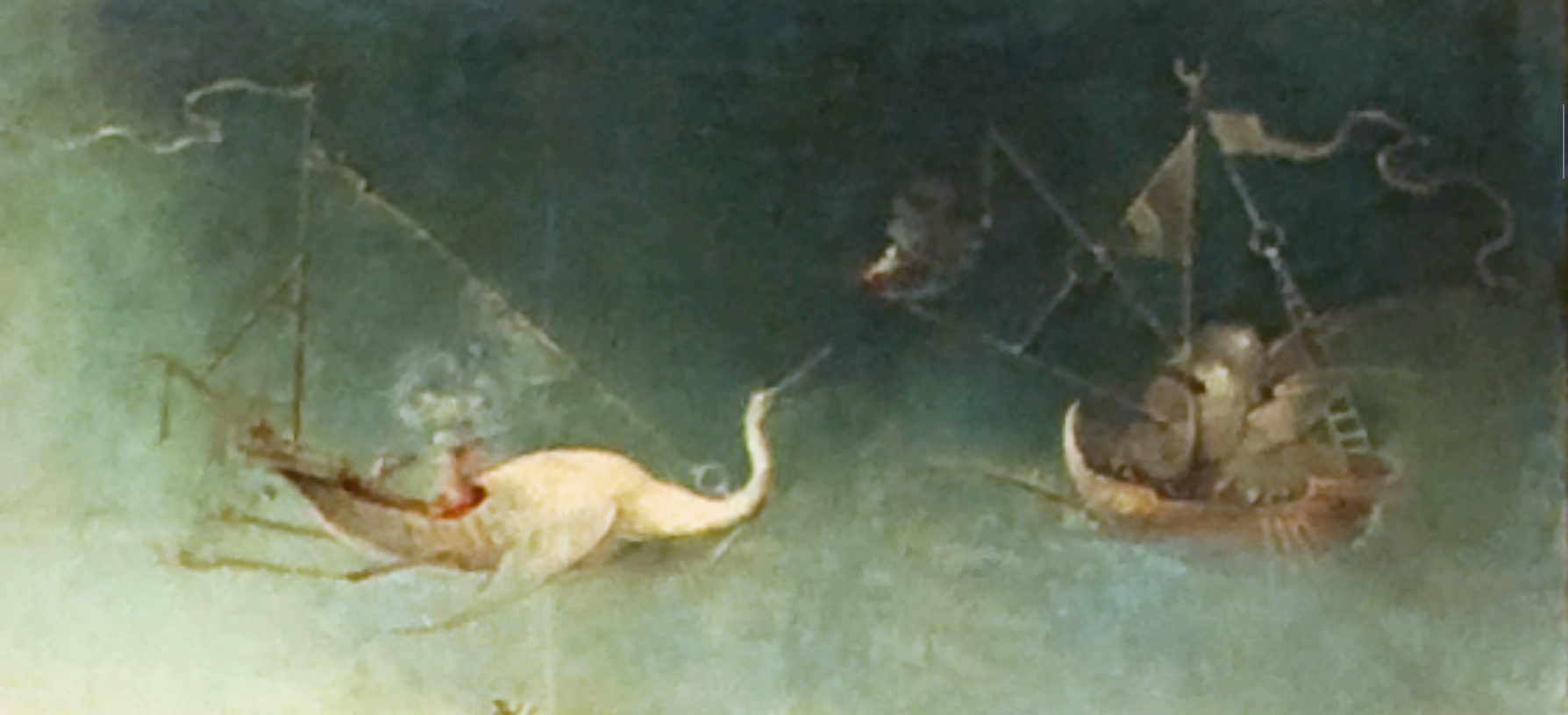 Fragment from The Temptation of Saint Anthony by Hieronymus Bosch, depicting a stork beside a shield.