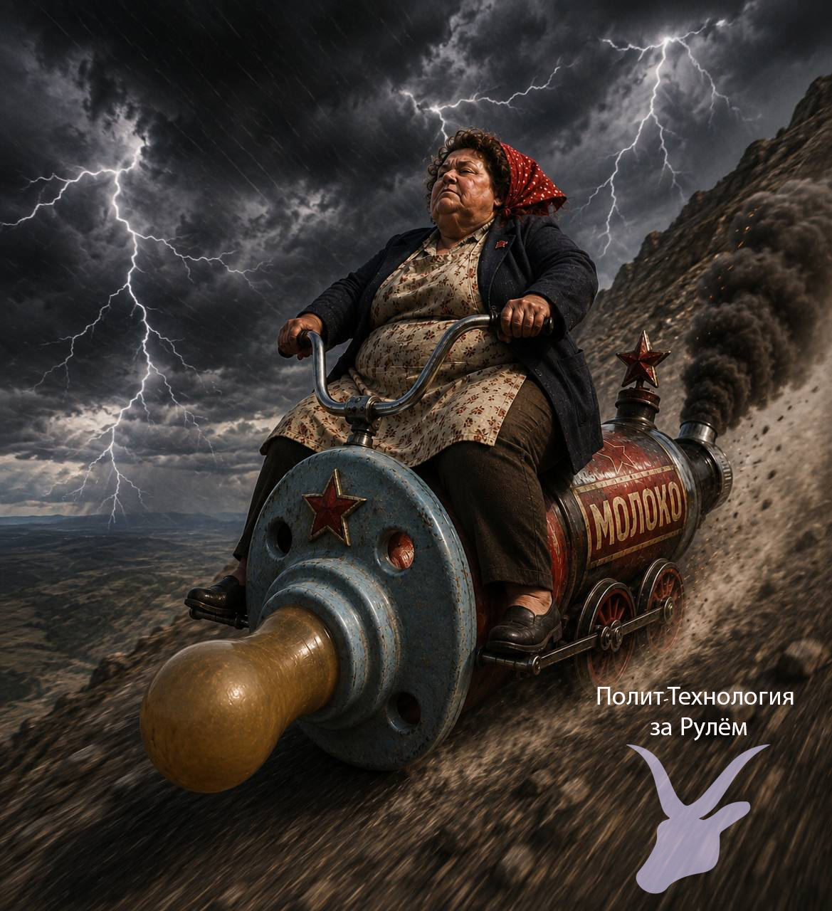 Sketch for “Political Technology Behind the Steering Wheel. An elderly Soviet-style woman rides a locomotive shaped like a giant baby pacifier down a steep mountainside during a thunderstorm.”
