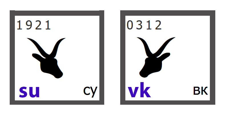 Mirror forms of the SU/VK hieroglyph. The same stylized cow’s head is shown facing in opposite directions. When the right eye is visible, the hieroglyph is read as SU; when the left eye is visible, it is read as VK. Both forms share the same underlying concept of emptiness, while SU specifically expresses the gathering of something into an unfilled space.