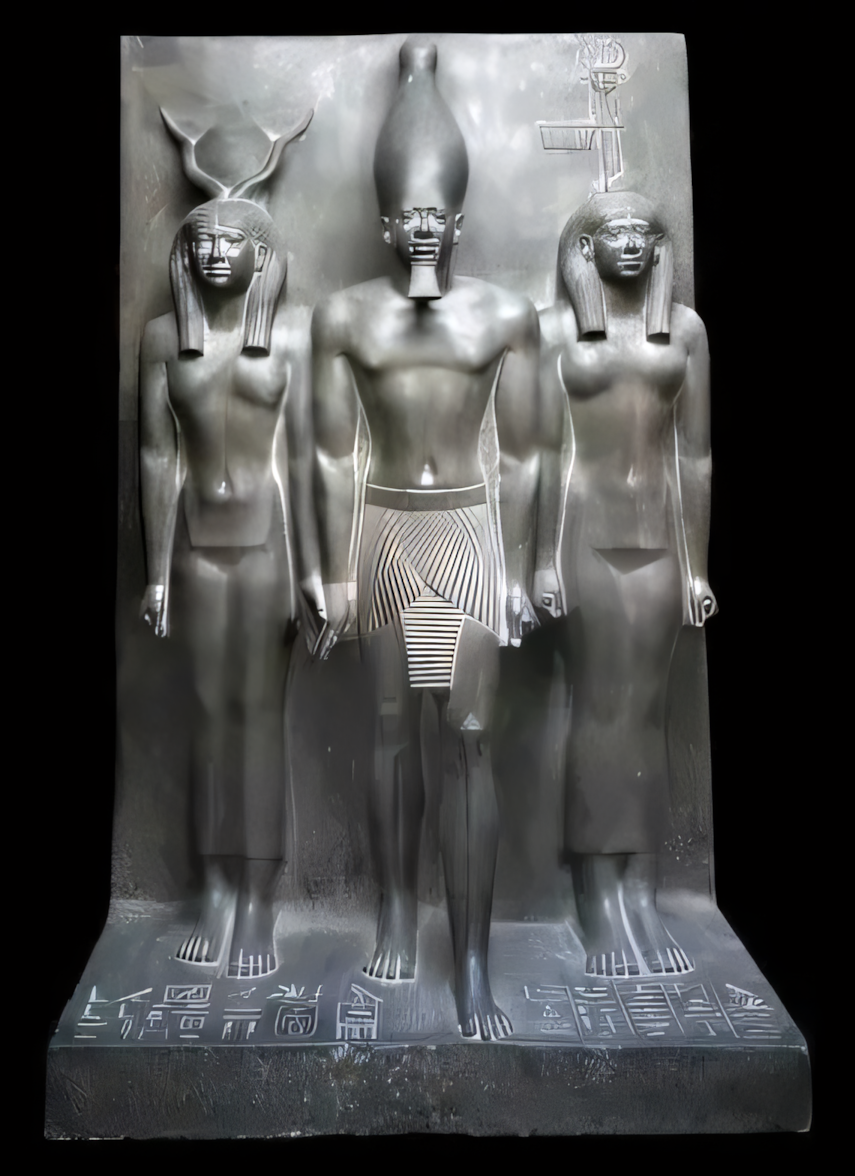 Triad statue of Menkaure with Hathor and a nome goddess.
