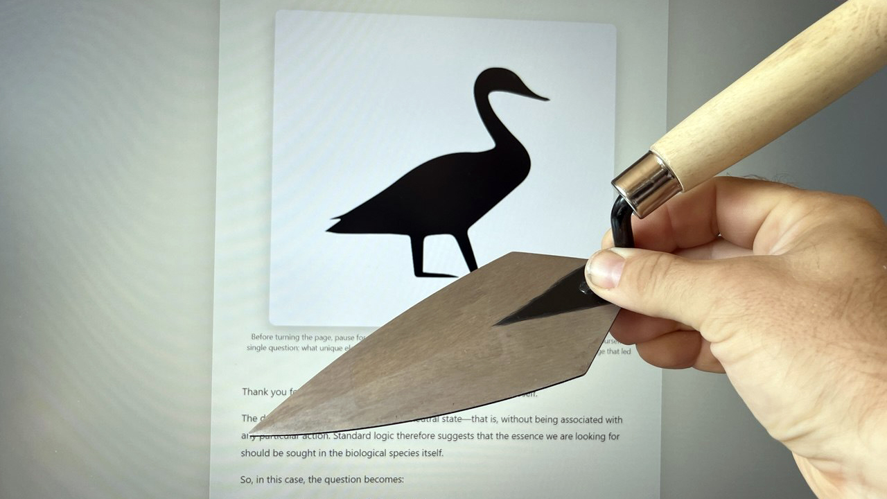 Ancient Egyptian bird hieroglyph presented without interpretation, inviting the reader to infer the elementary and indivisible essence the author intended it to represent.