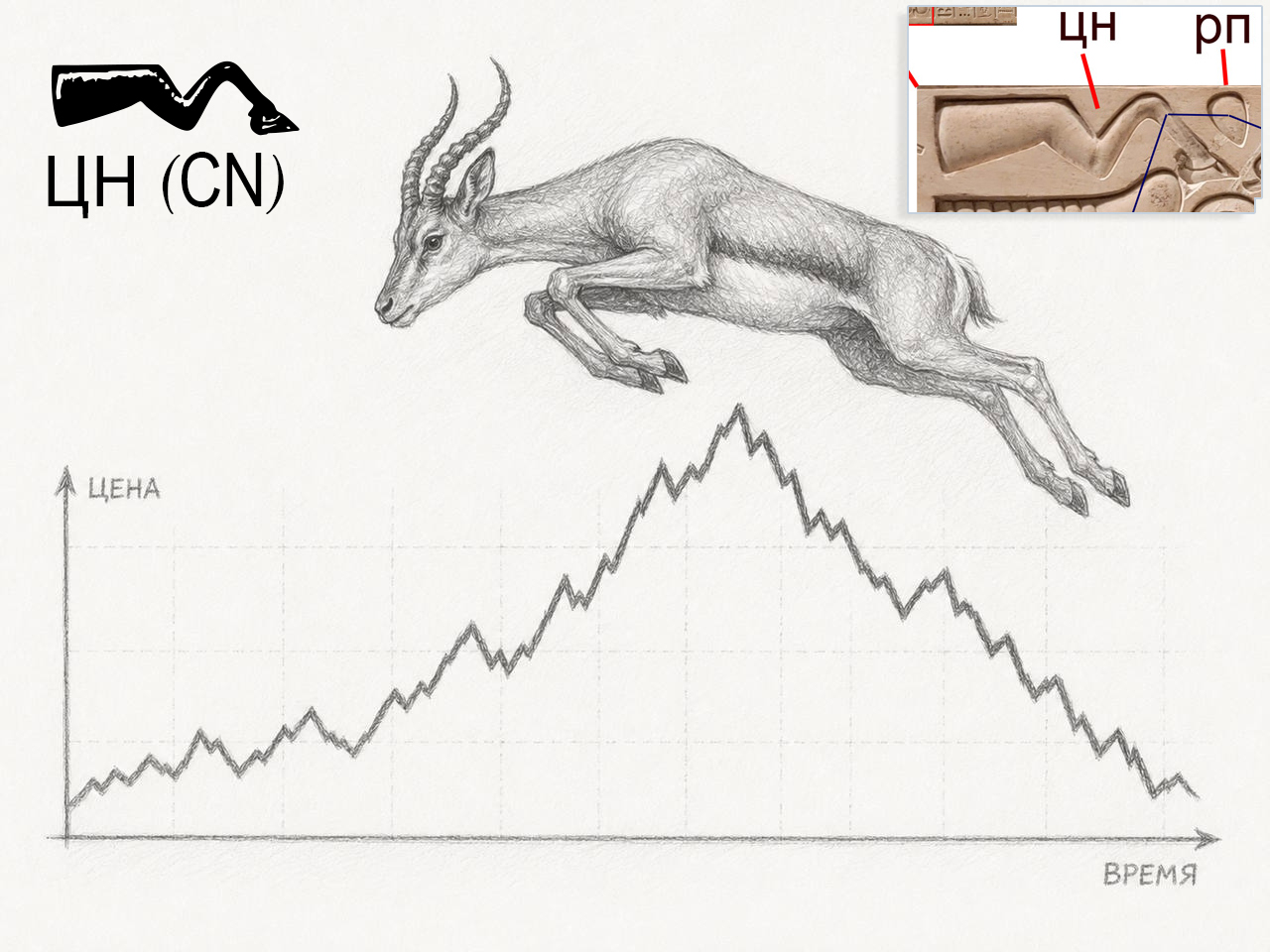 Illustration explaining the visual concept behind the Egyptian ЦН(CN) hieroglyph. A cloven-hoofed leg is depicted with more joints than anatomically possible, symbolizing a leap or sudden jump in value. The original Egyptian hieroglyph and a price chart are included for comparison.