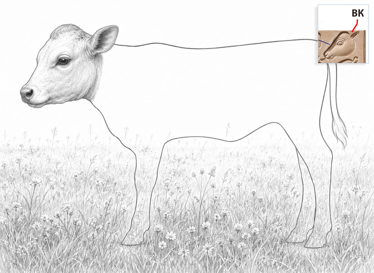 Illustration explaining the visual concept behind the Egyptian VK hieroglyph. A hornless calf is shown with only its head fully rendered, while the rest of the body remains an empty outline, illustrating absence and unfilledness.